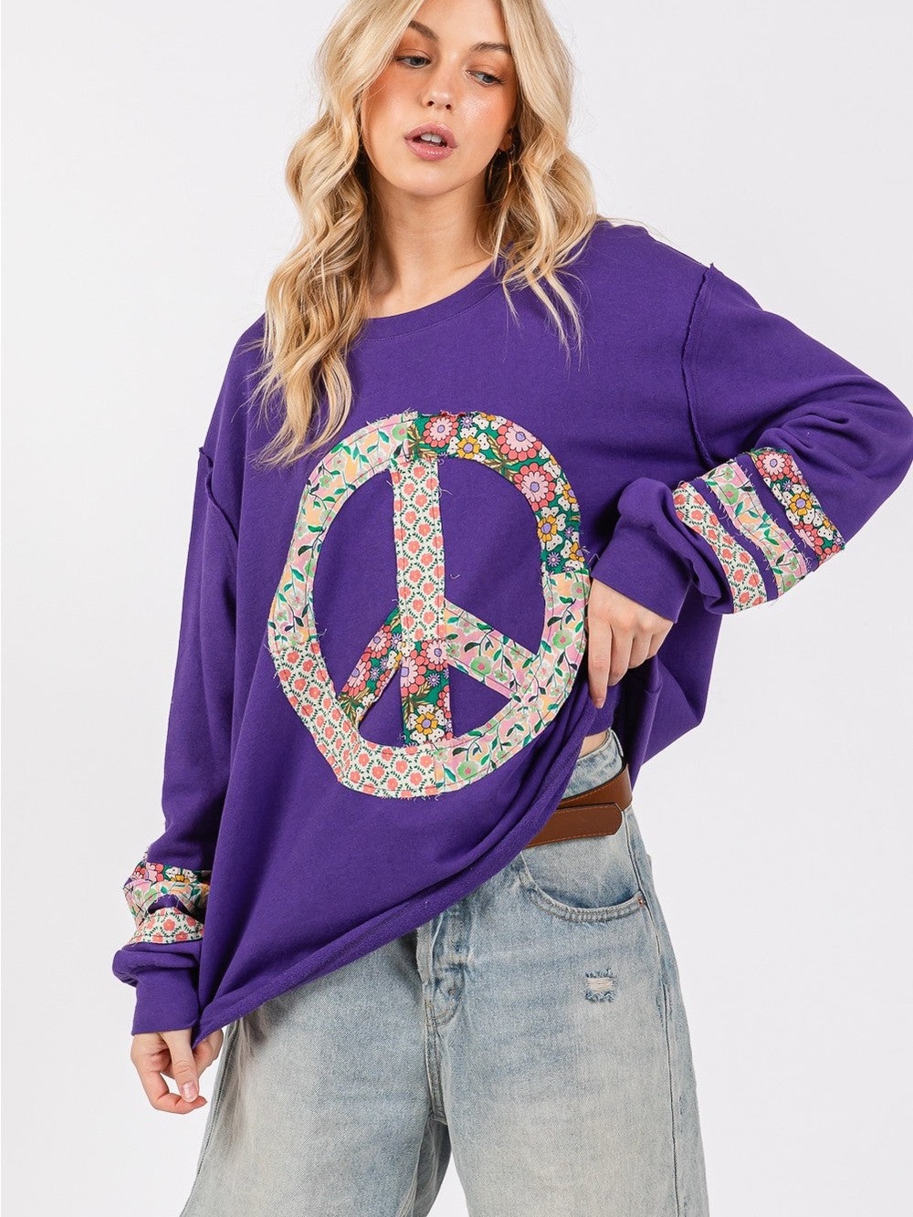 New Sage + Fig Relaxed Purple Peace Sign Floral Sweatshirt Small Boho